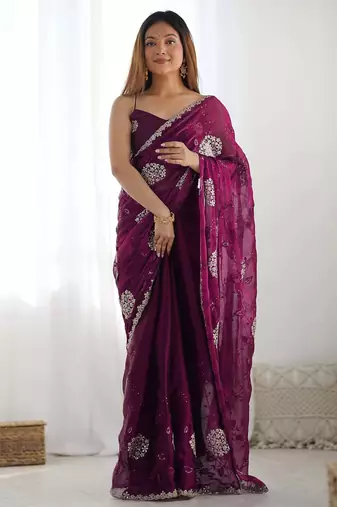 ethnic motifs embroidered georgette saree in wine