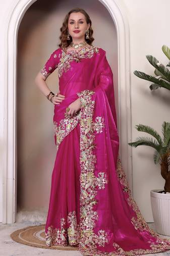ethnic motifs embroidered georgette saree in pink