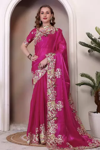 ethnic motifs embroidered georgette saree in pink