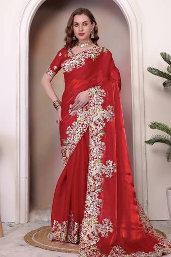 ethnic motifs embroidered georgette saree in red