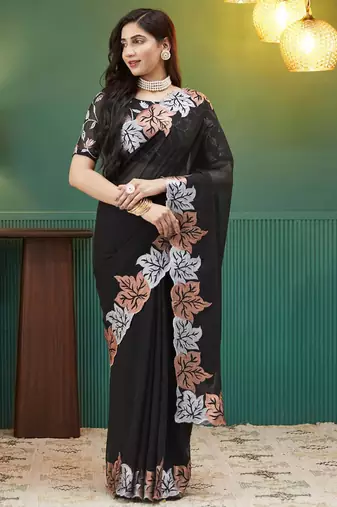 ethnic motifs embroidered georgette saree in black