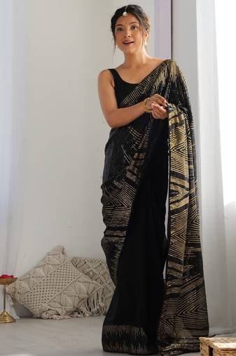 ethnic motifs embroidered georgette saree in black