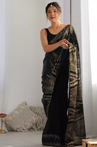 ethnic motifs embroidered georgette saree in black