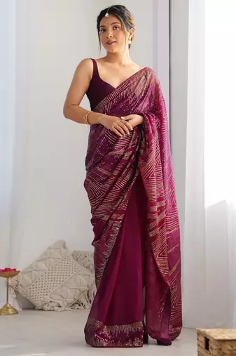 ethnic motifs embroidered georgette saree in wine