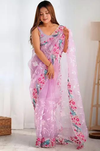 ethnic motifs embroidered georgette saree in onion