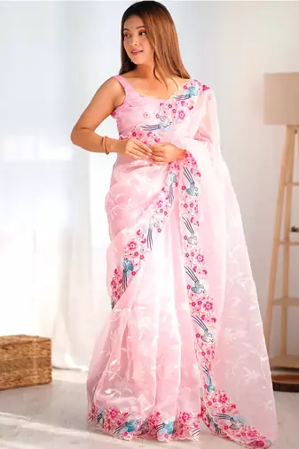 ethnic motifs embroidered georgette saree in pink