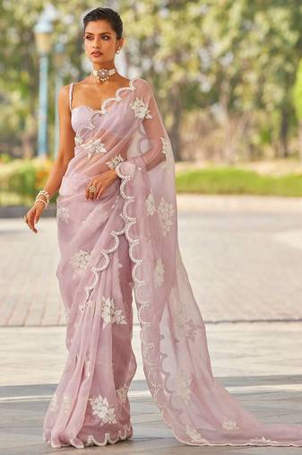 ethnic motifs embroidered georgette saree in baby pink