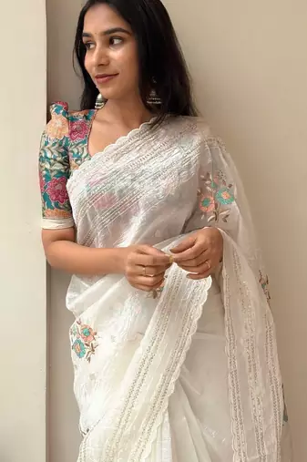 ethnic motifs embroidered georgette saree in white