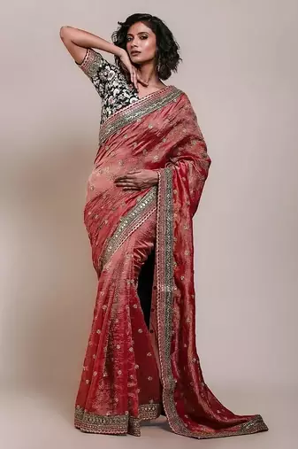 ethnic motifs embroidered georgette saree in red