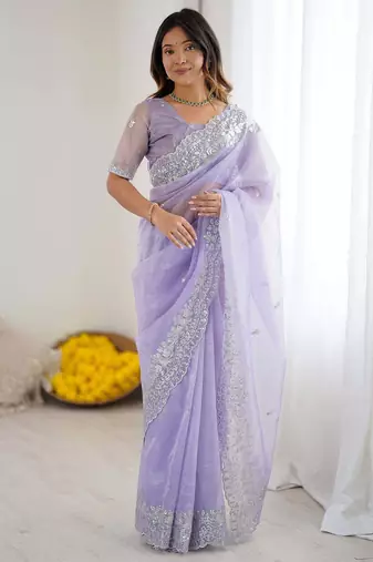 ethnic motifs embroidered georgette saree in lavender