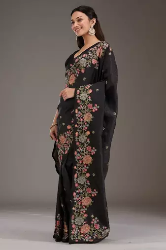 ethnic motifs embroidered georgette saree in black