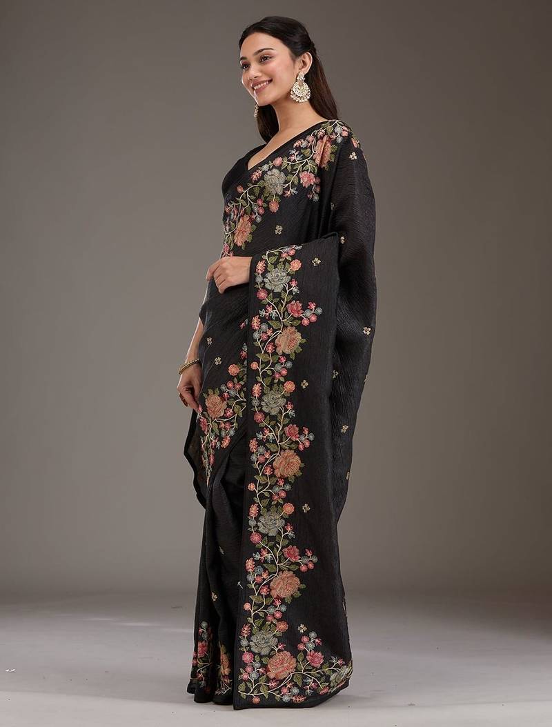 ethnic motifs embroidered georgette saree in black