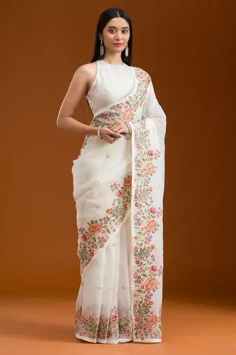 ethnic motifs embroidered georgette saree in white