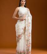 ethnic motifs embroidered georgette saree in white