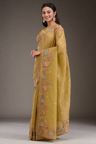 ethnic motifs embroidered georgette saree in yellow