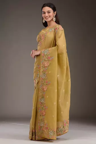 ethnic motifs embroidered georgette saree in yellow