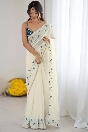 ethnic motifs embroidered georgette saree in offwhite