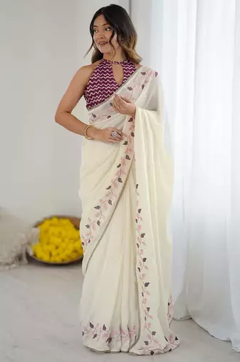 ethnic motifs embroidered georgette saree in offwhite