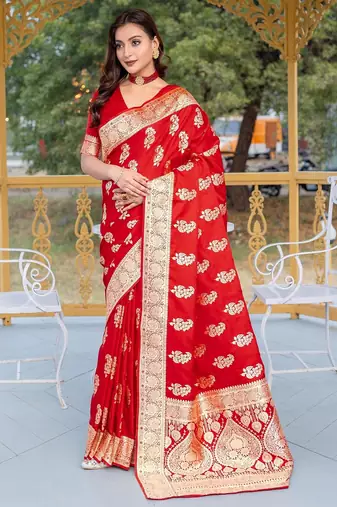 Red woven satin saree with blouse piece