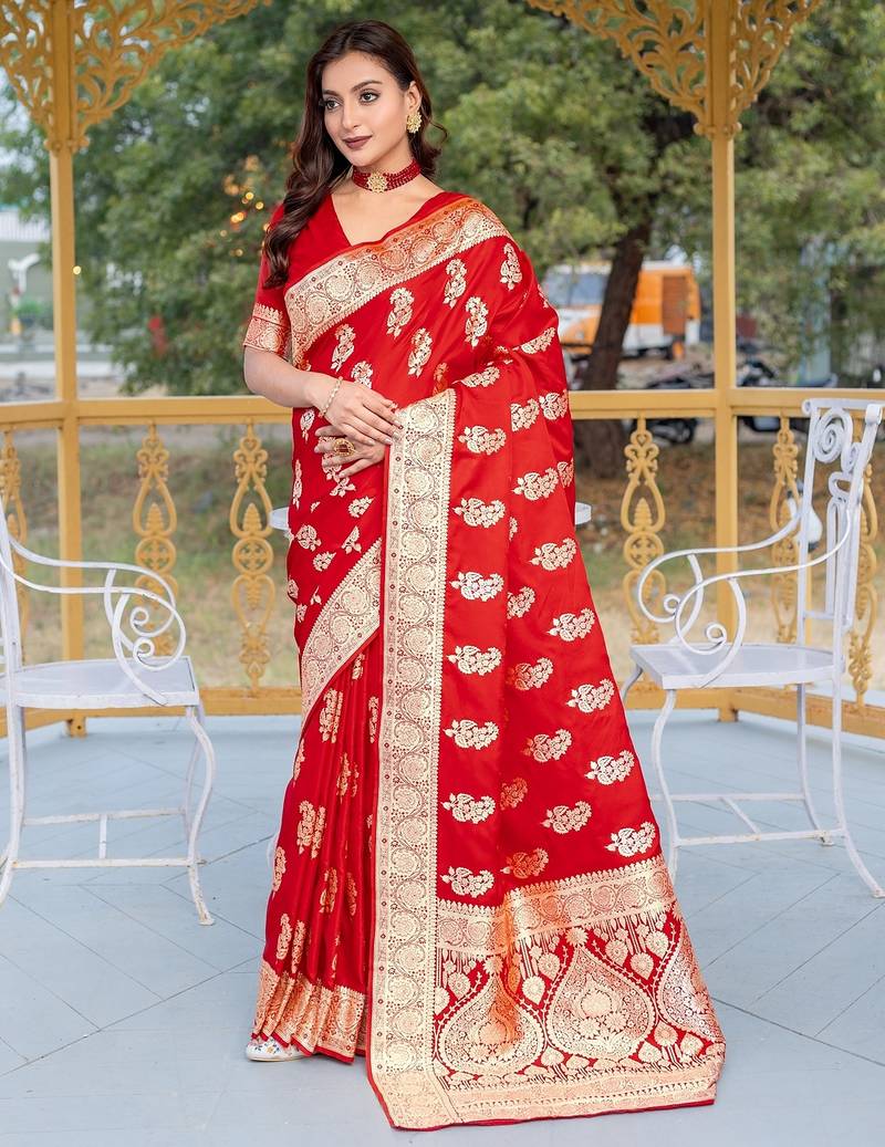 Red woven satin saree with blouse piece