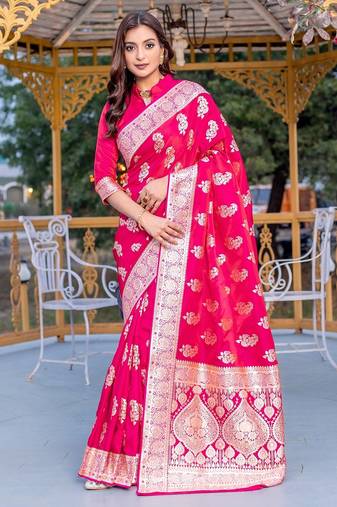 Pink woven satin saree with blouse piece