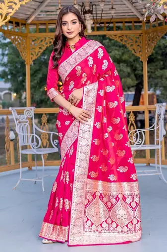 Pink woven satin saree with blouse piece