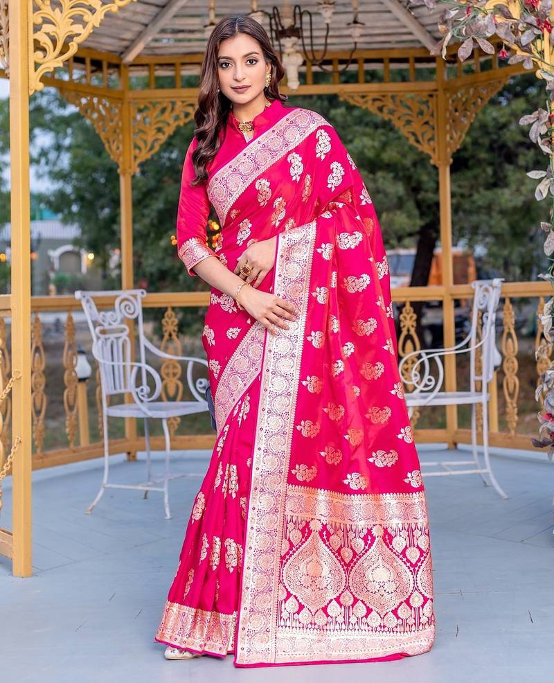 Pink woven satin saree with blouse piece