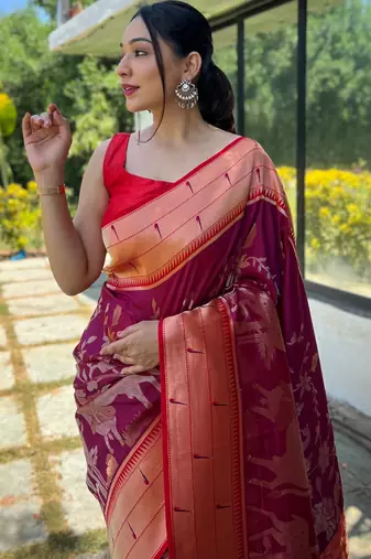 Wine woven paithani silk saree with blouse piece