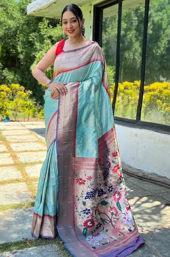 Sky blue woven paithani silk saree with blouse piece
