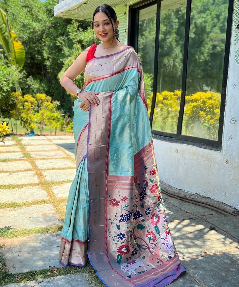 Sky blue woven paithani silk saree with blouse piece