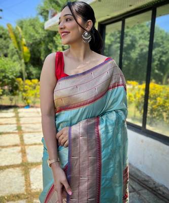 Sky blue woven paithani silk saree with blouse piece 2