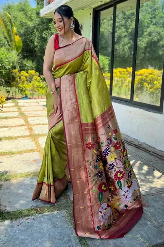 Green woven paithani silk saree with blouse piece