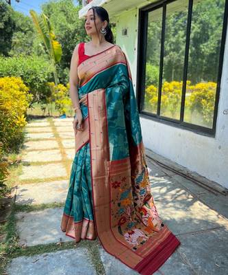 Turquoise woven paithani silk saree with blouse piece 1