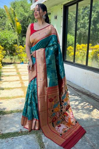 Turquoise woven paithani silk saree with blouse piece