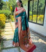Turquoise woven paithani silk saree with blouse piece