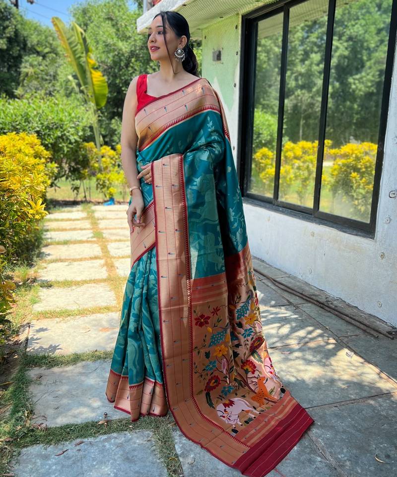 Turquoise woven paithani silk saree with blouse piece