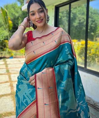 Turquoise woven paithani silk saree with blouse piece 2
