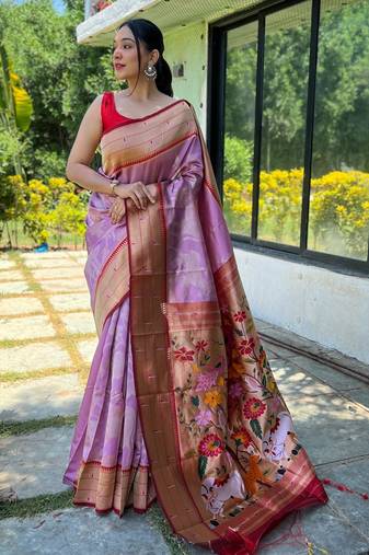 Purple woven paithani silk saree with blouse piece