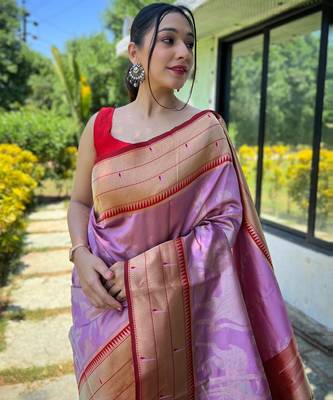 Purple woven paithani silk saree with blouse piece 2