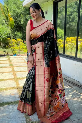 Black woven paithani silk saree with blouse piece
