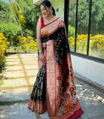 Black woven paithani silk saree with blouse piece