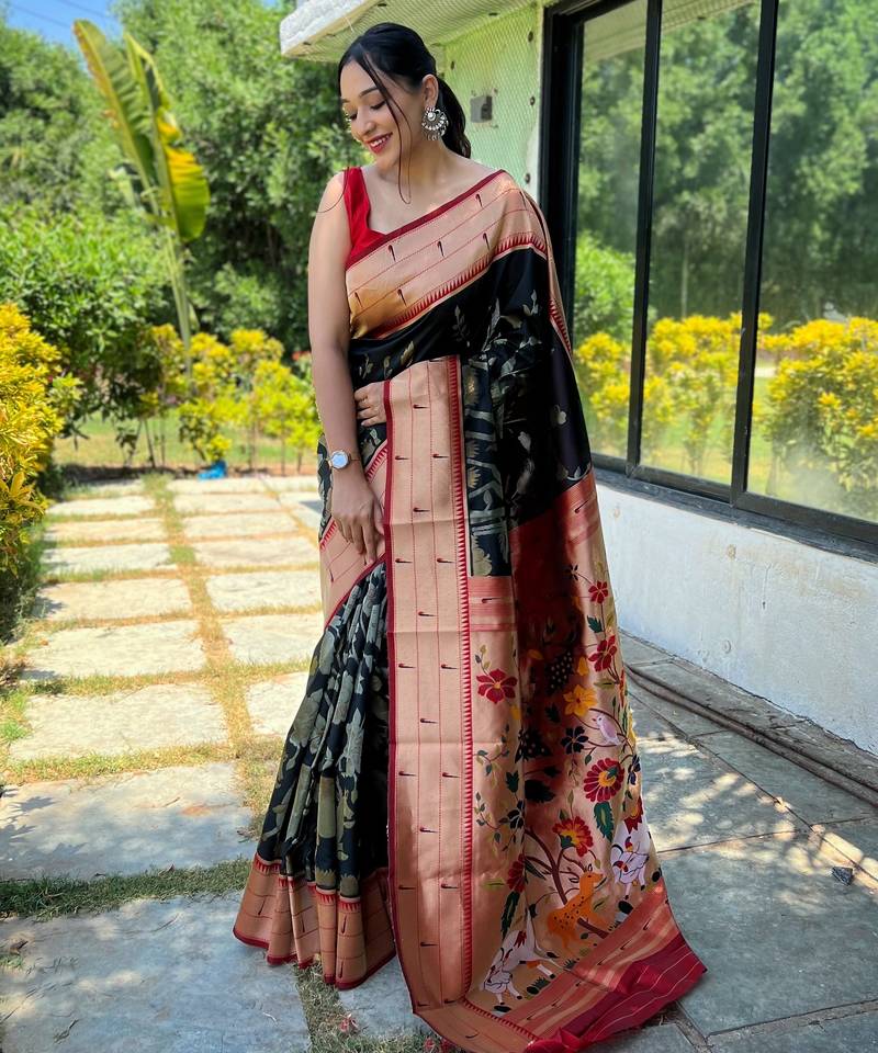 Black woven paithani silk saree with blouse piece