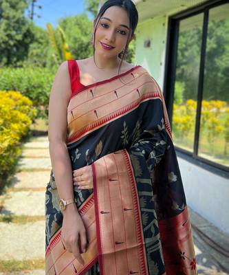 Black woven paithani silk saree with blouse piece 2