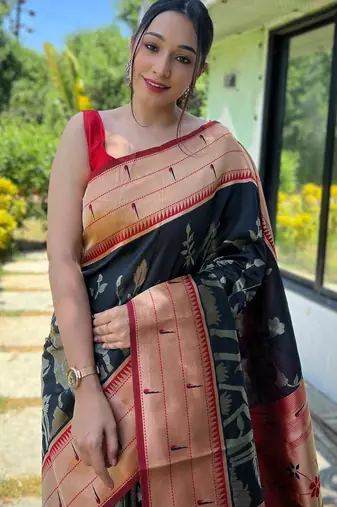 Black woven paithani silk saree with blouse piece