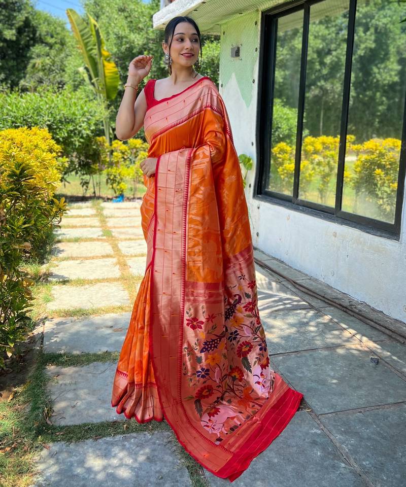 Orange woven paithani silk saree with blouse piece