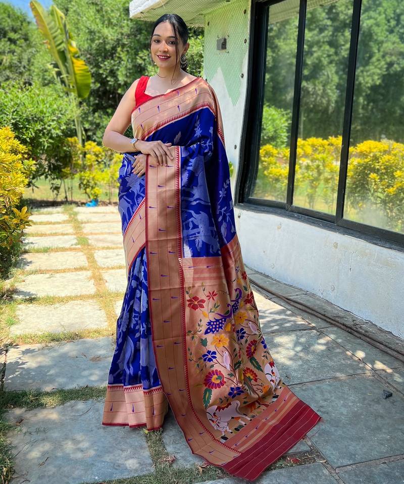Dark blue woven paithani silk saree with blouse piece