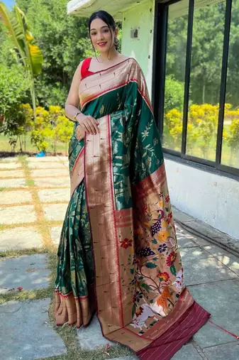 Dark green woven paithani silk saree with blouse piece