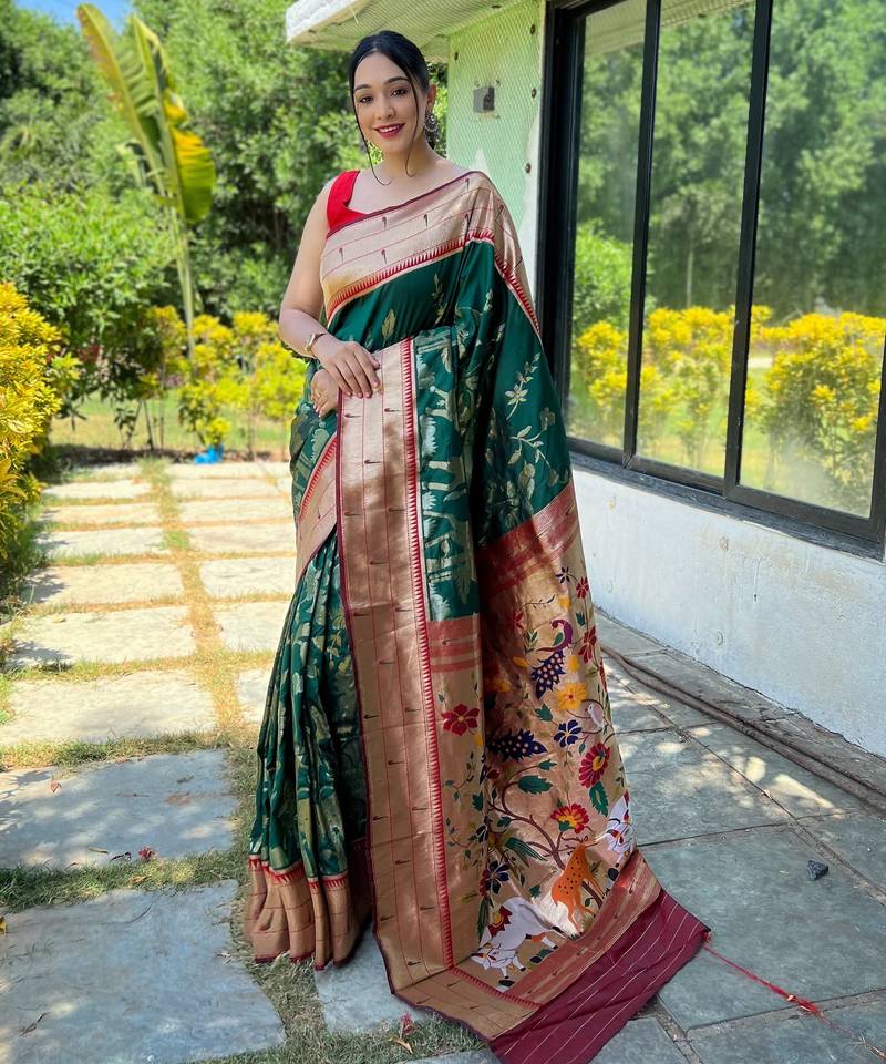 Dark green woven paithani silk saree with blouse piece