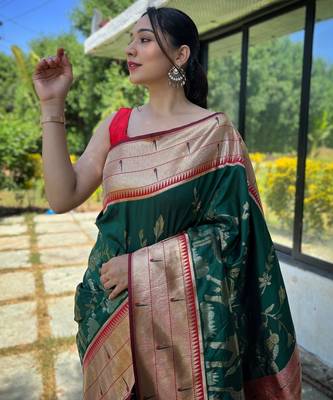 Dark green woven paithani silk saree with blouse piece 2