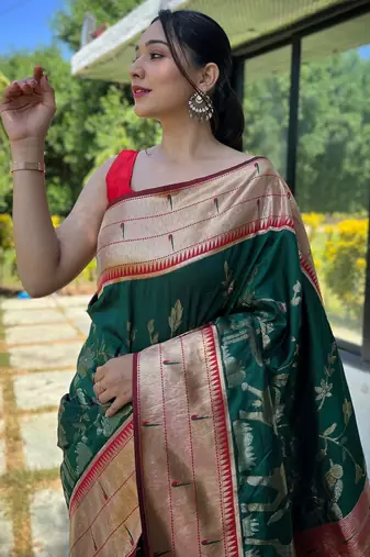 Dark green woven paithani silk saree with blouse piece
